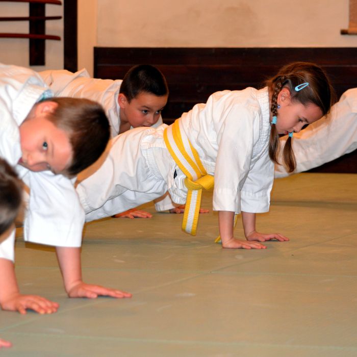 Erősítő gyakorlatok alsós iskolás gyerekeknek aikido edzésen Esztergom–Szentgyörgymezőn